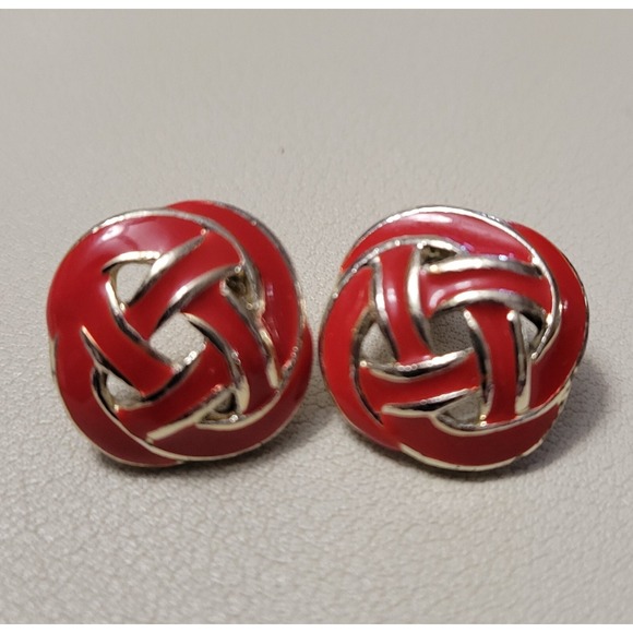 The Unbranded Brand Jewelry - Vintage Red & Silver Tone Enamel Basket Weave‎ Square Stud Earrings